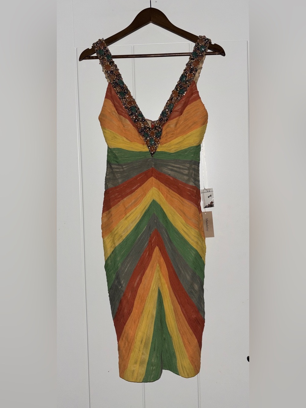 Mandalay Privee Rainbow Stone Beaded Pleated Silk Bold‎ Resortwear Dress Women 4